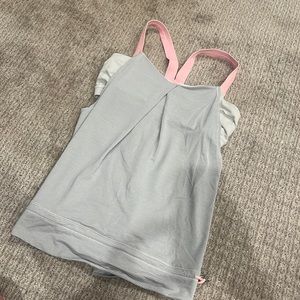 Lululemon tank with built in bra grey white strips with pink straps size 8